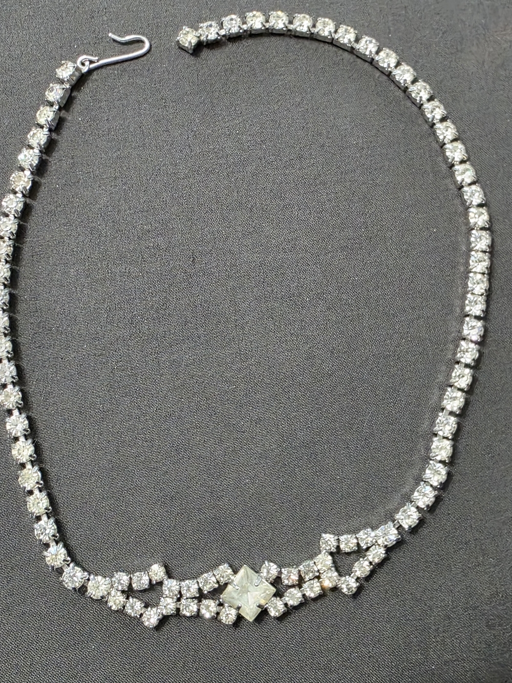 Estate - Silver Tone - Clear Stones - Vintage Choker Necklace - 438